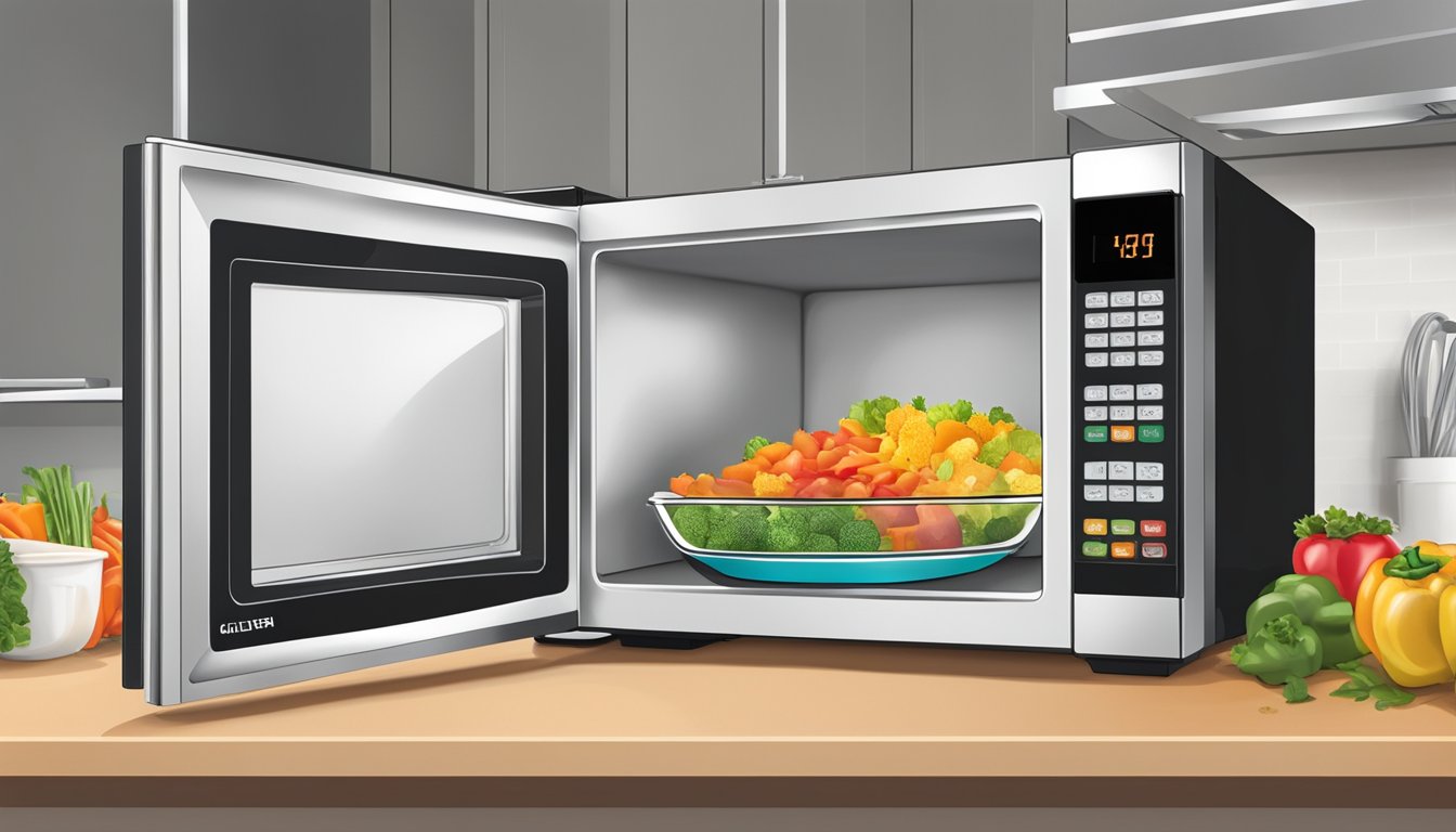 A microwave door is open, revealing a plate of colorful gluten-free mixed vegetables. The microwave's digital display shows the timer counting down as the vegetables are being reheated