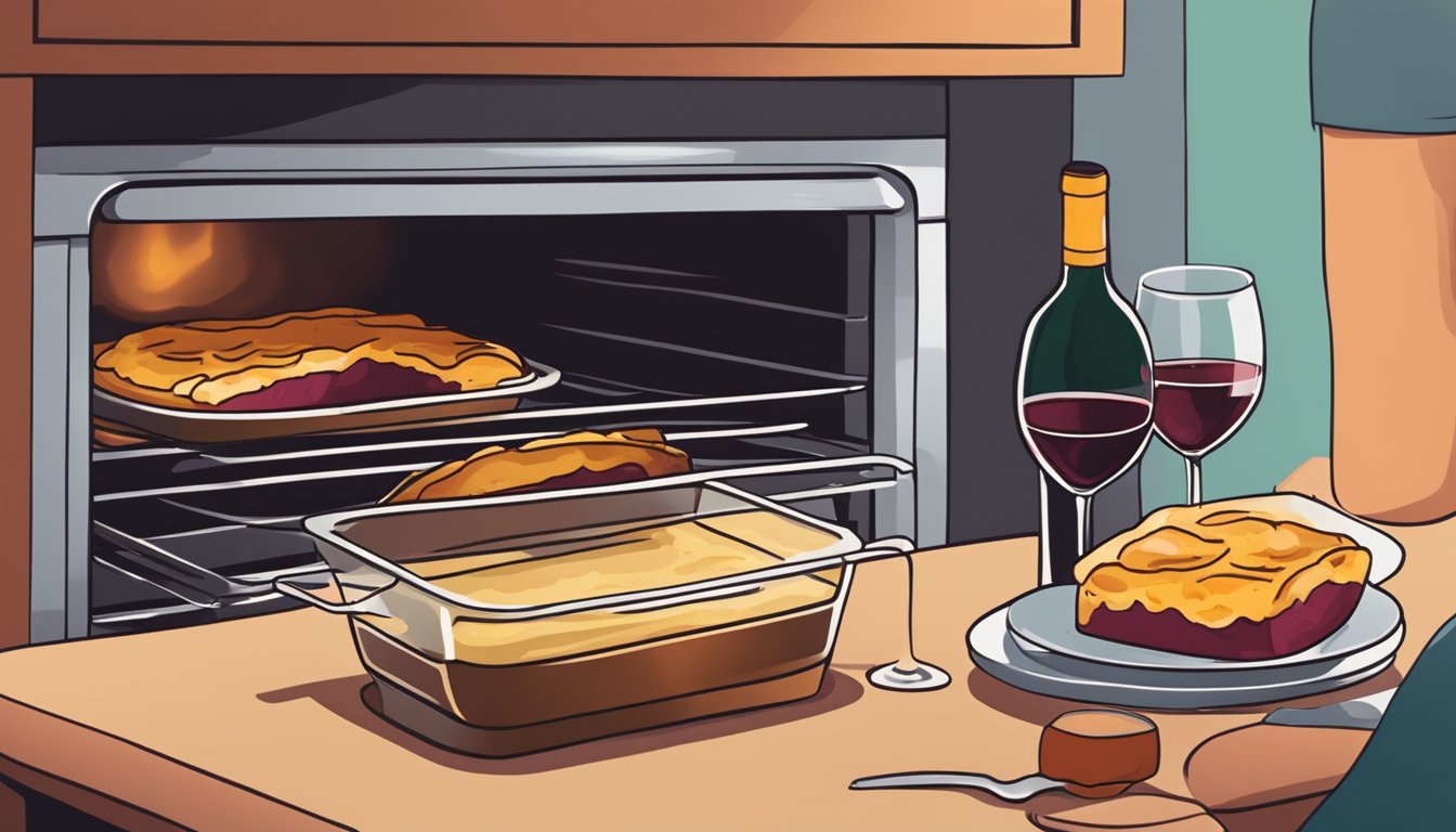 A person reheating gluten free moussaka in an oven, with a glass of red wine on the table