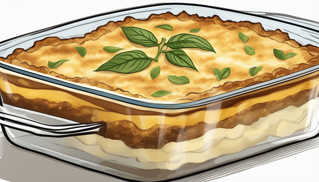 A glass baking dish filled with reheated gluten-free moussaka, steam rising from the golden brown top layer