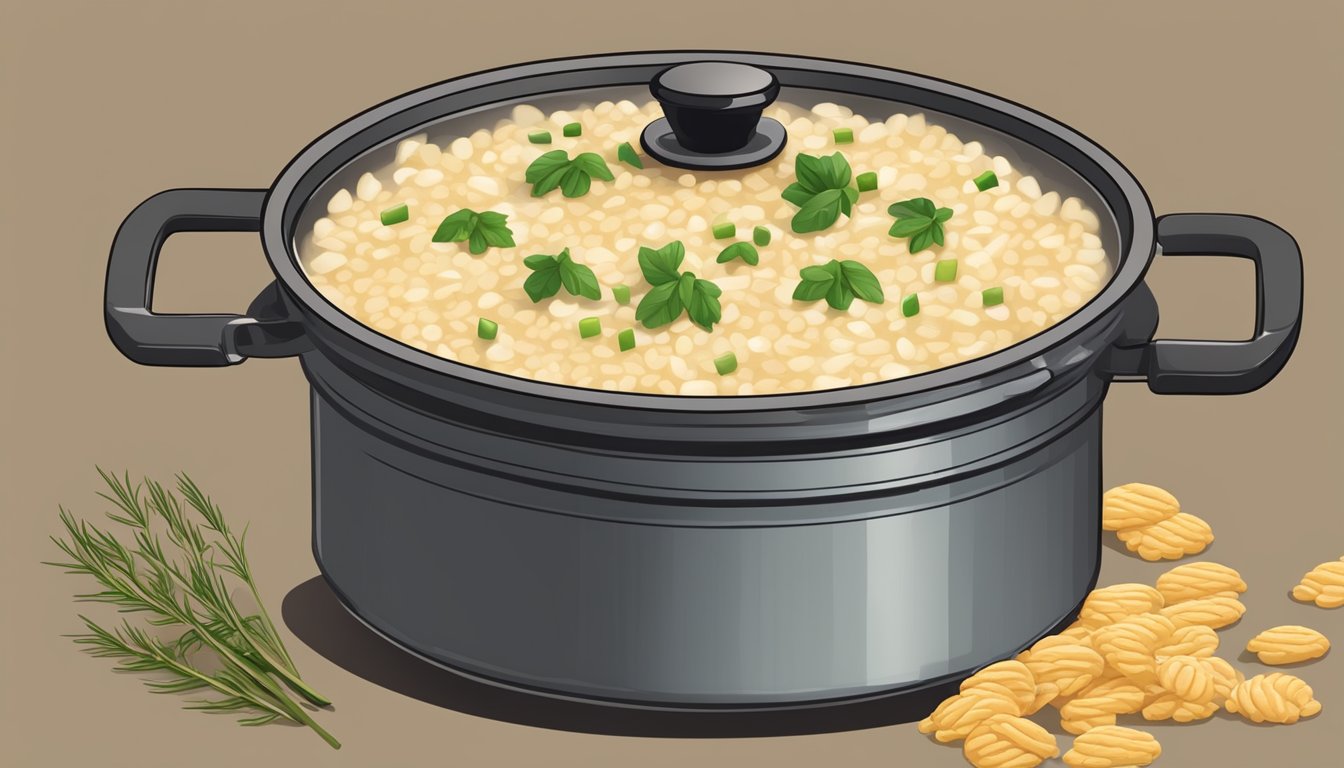 A pot of gluten-free risotto being gently reheated over low heat, with a lid to ensure creaminess and flavor retention