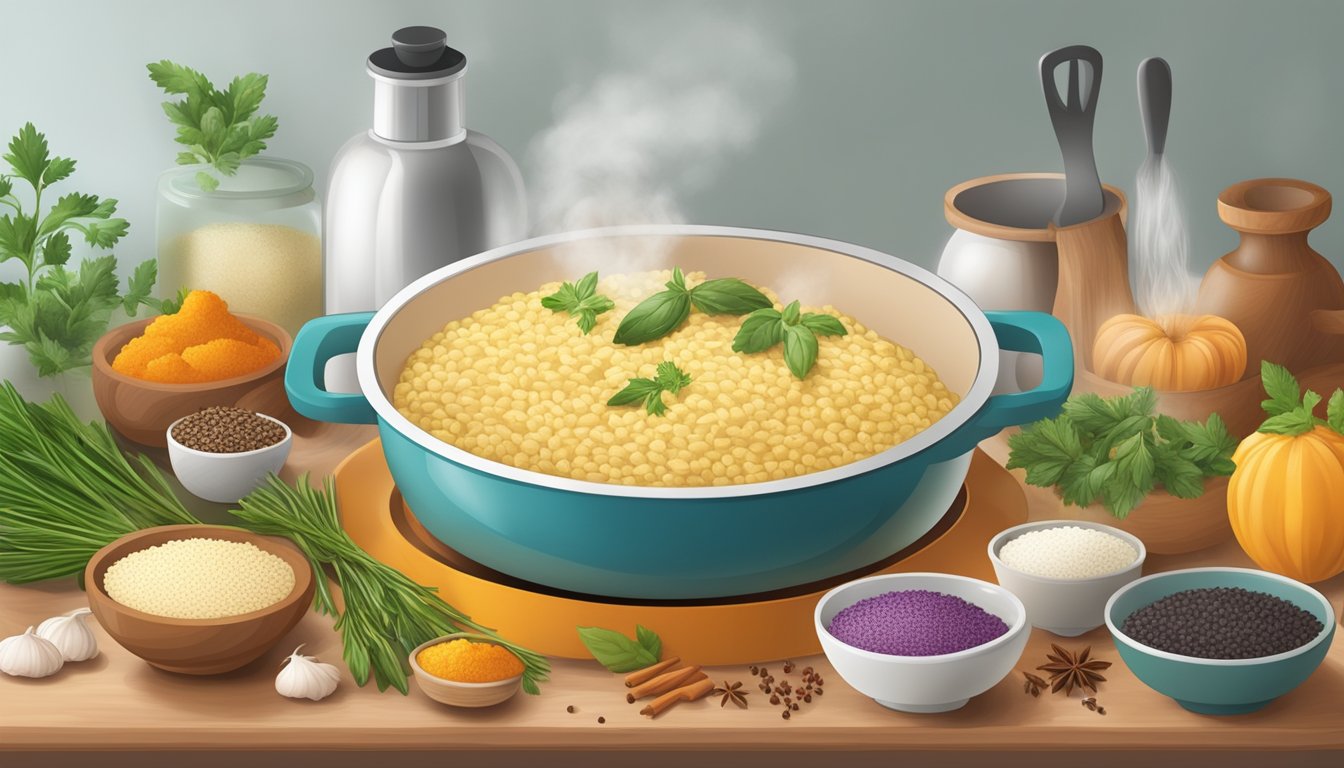 A colorful kitchen counter with a steaming pot of gluten-free risotto being reheated, surrounded by various herbs and spices