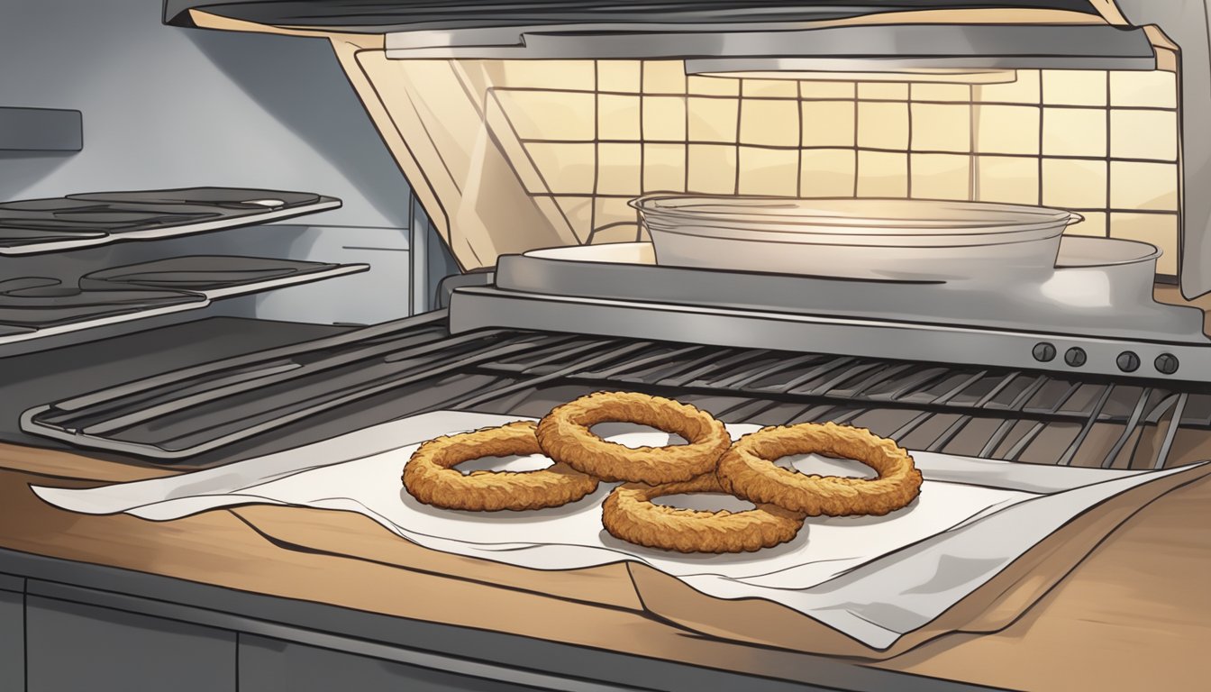 A baking sheet lined with parchment paper holding gluten free onion rings, with an open oven in the background