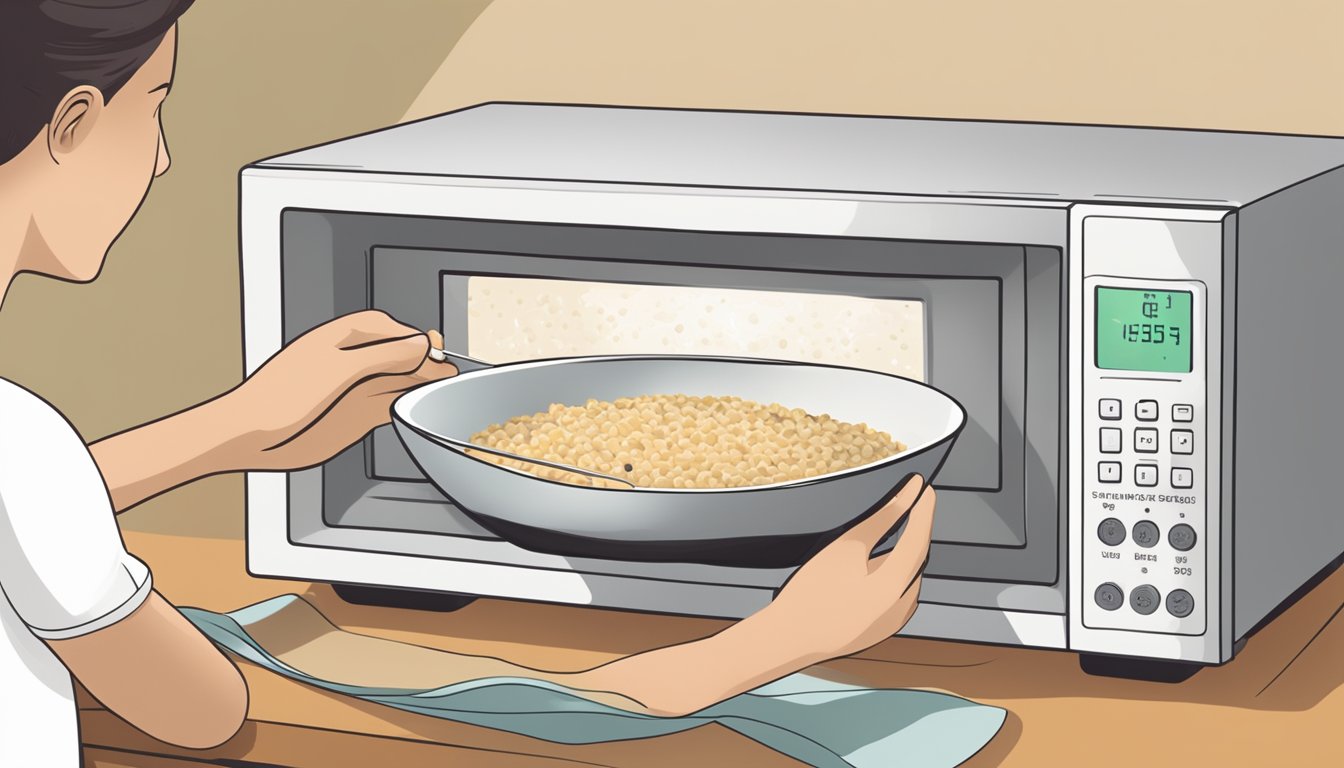 A person placing a bowl of gluten-free risotto in the microwave and setting the timer. A clear "pop" sound as the microwave door closes