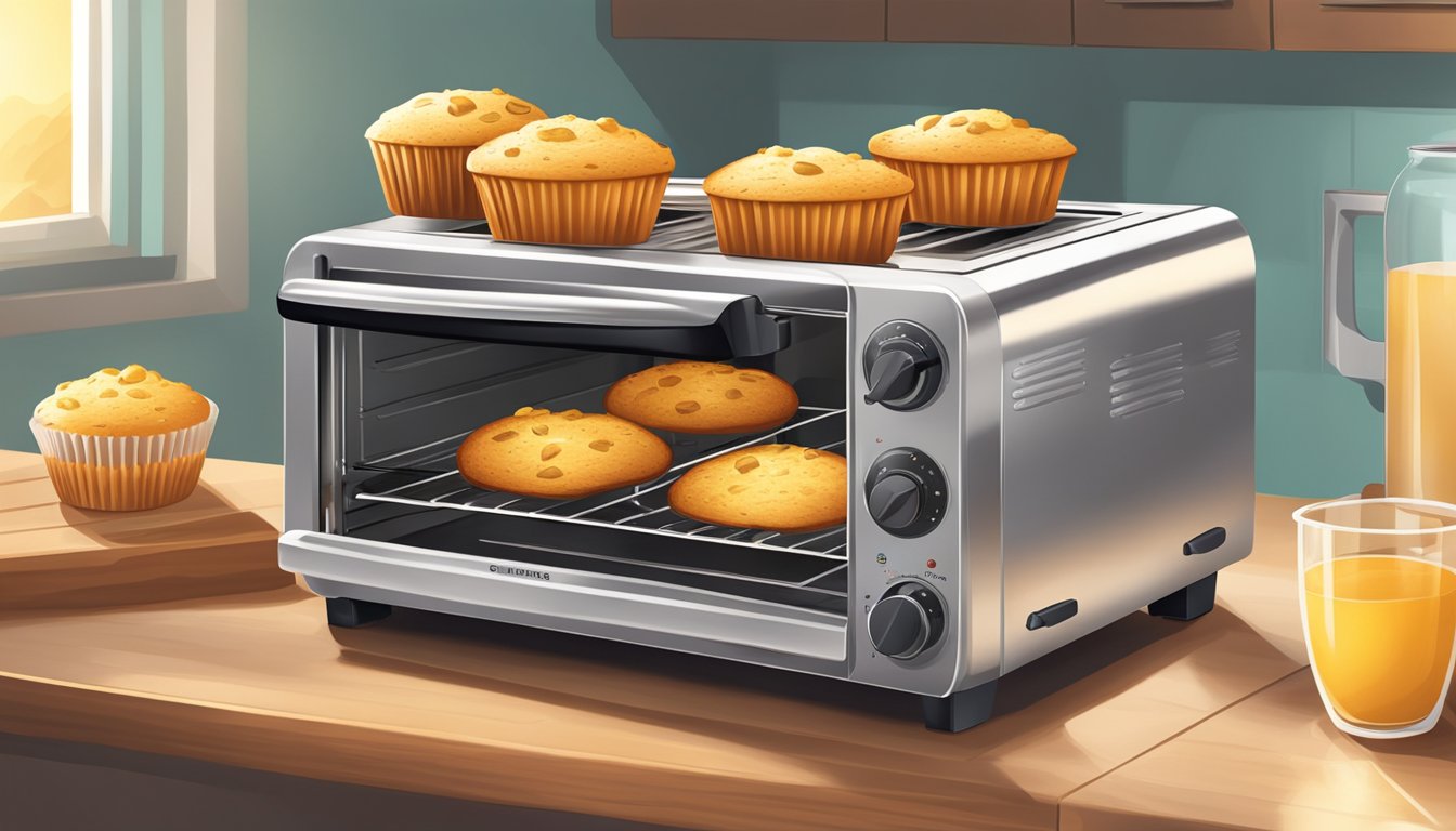 A toaster oven with a tray of gluten-free muffins inside, emitting a warm, golden glow