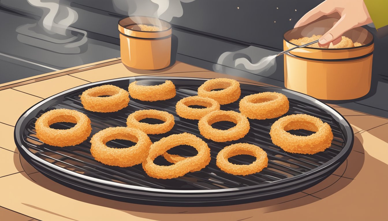 A plate of gluten free onion rings being reheated in the oven on a baking sheet