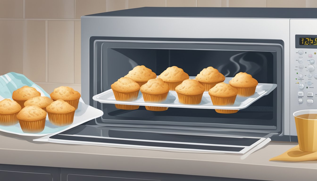 A plate of gluten free muffins being placed in the microwave with a damp paper towel covering them, steam rising as they heat up