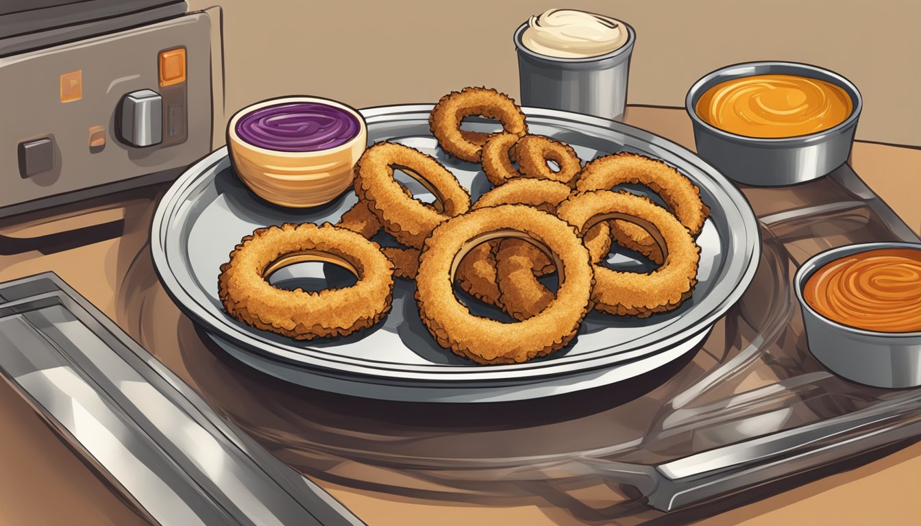 A plate of gluten-free onion rings being reheated in the oven, with a variety of dipping sauces arranged around the plate