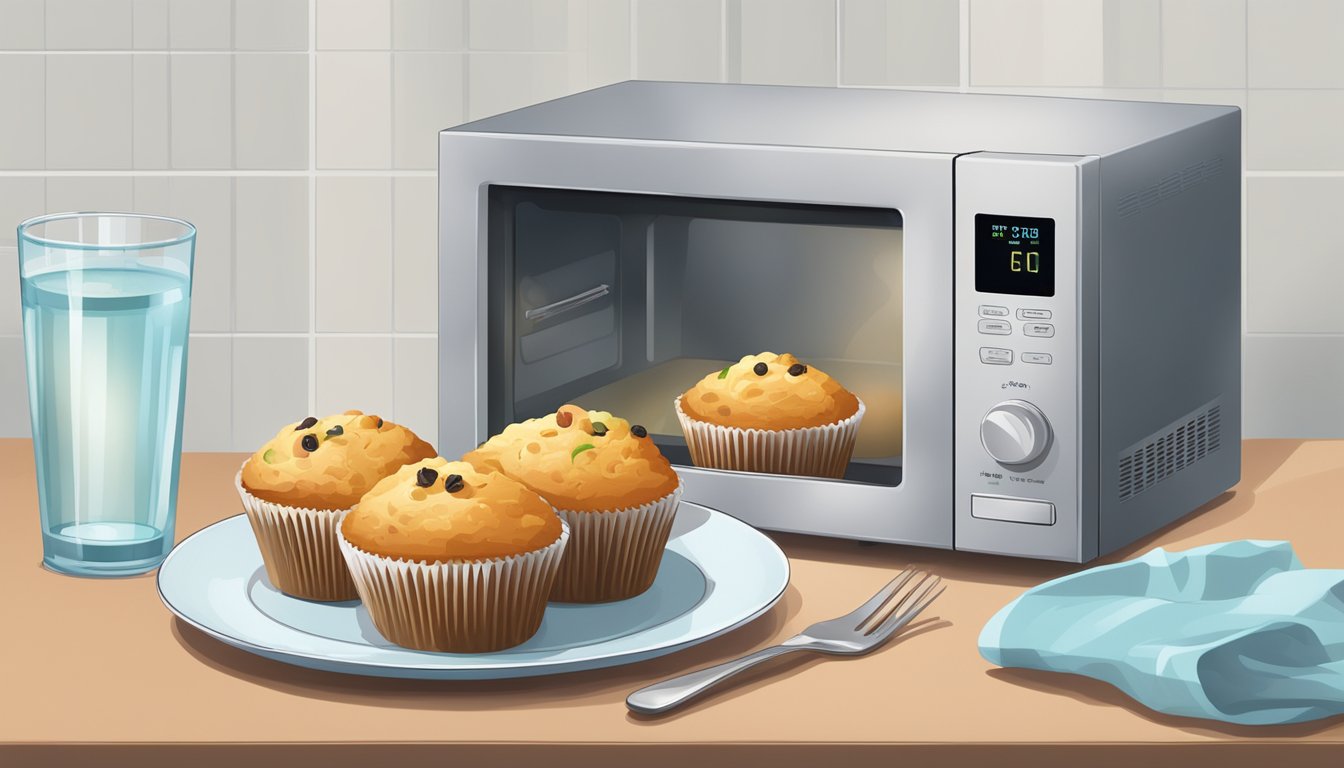 A microwave with a plate of gluten-free muffins inside, next to a glass of water