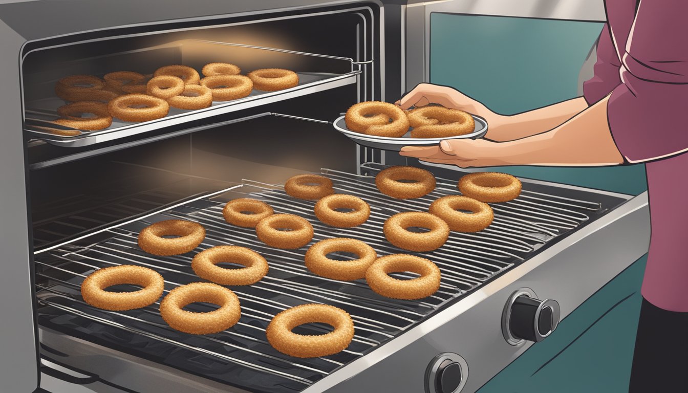 A person placing gluten-free onion rings on a baking sheet in an oven