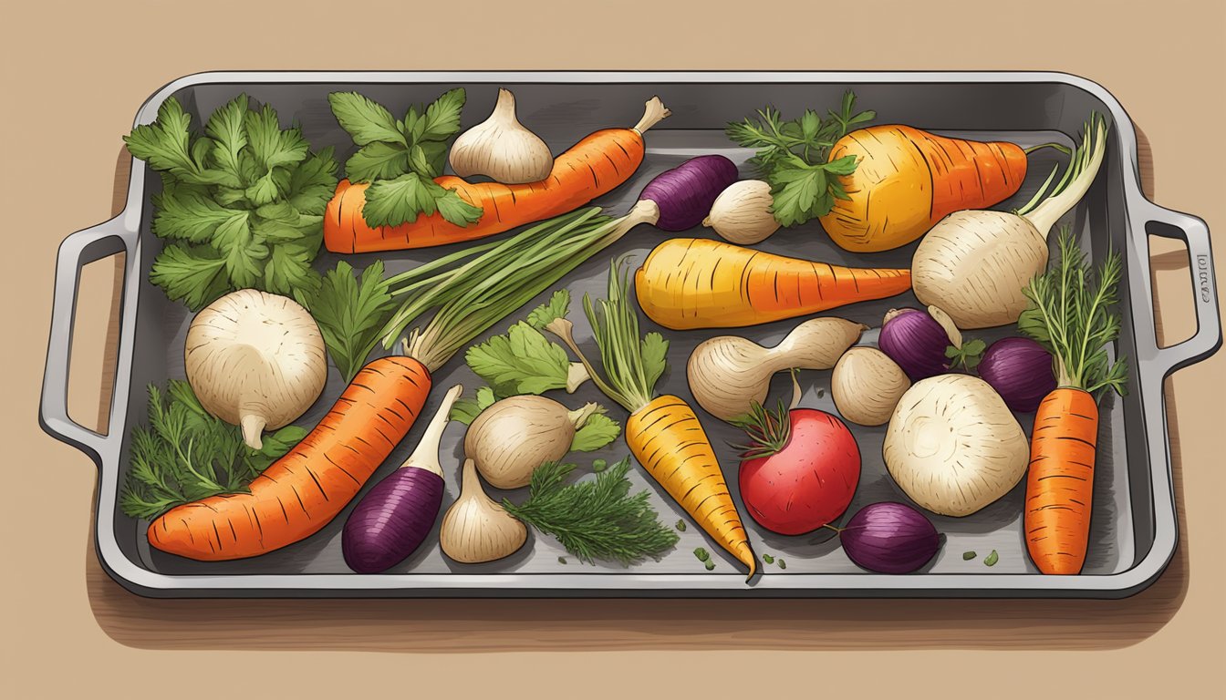 A colorful array of roasted root vegetables arranged on a baking sheet, surrounded by fresh herbs and seasonings