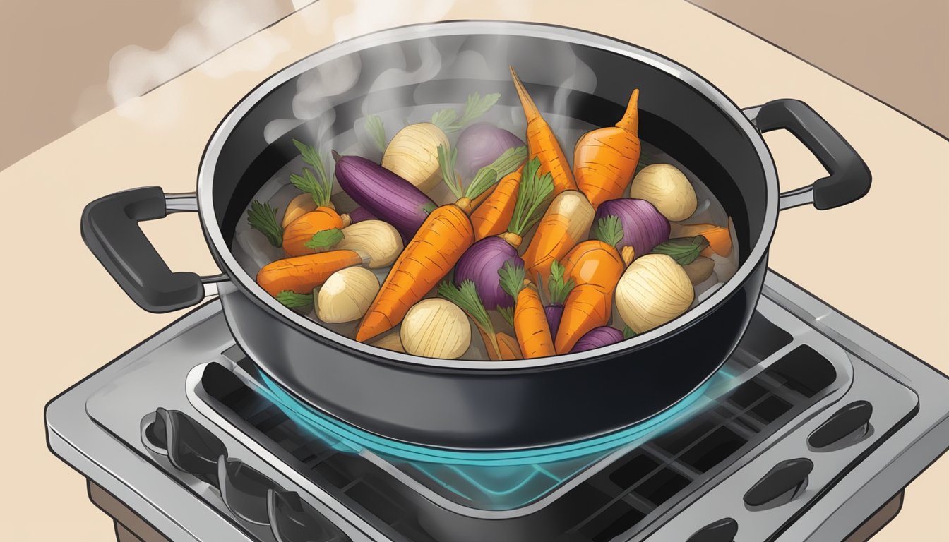 A pot filled with gluten-free roasted root vegetables simmering on a stovetop, steam rising as the flavors meld together