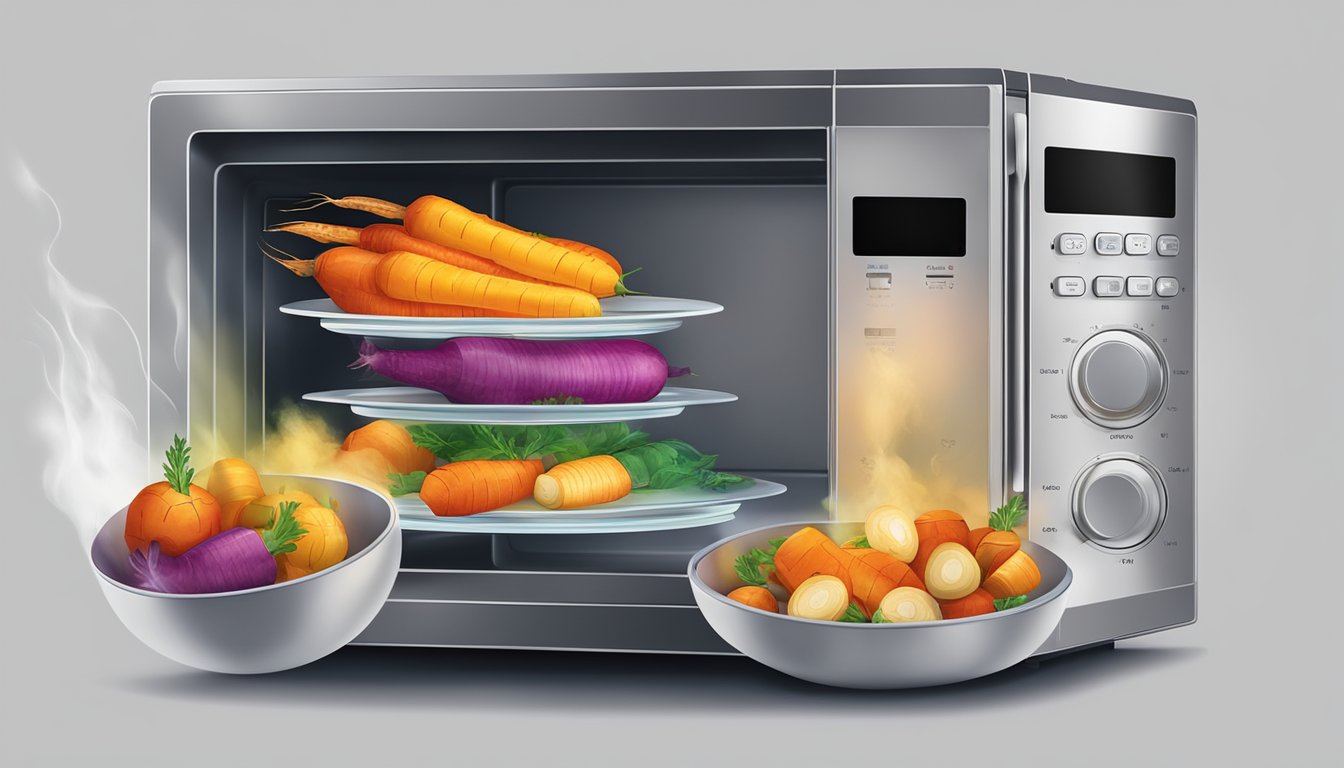 A plate of colorful roasted root vegetables spins inside a microwave, steam rising as they heat up for optimal flavor