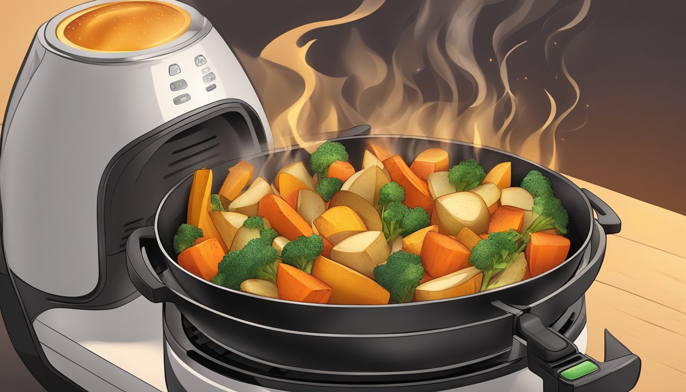 Gluten-free roasted root vegetables sizzling in an air fryer, emitting a savory aroma, surrounded by a warm, golden glow