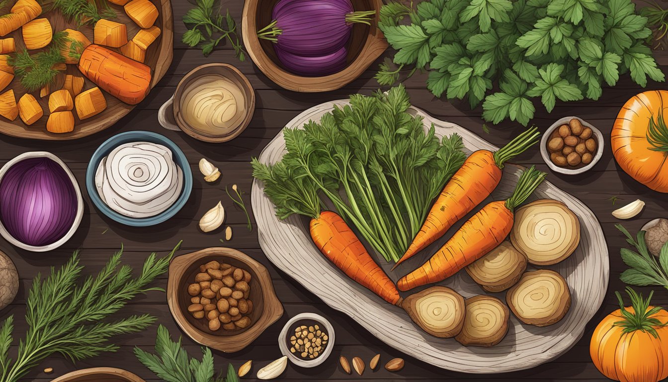 A rustic wooden table set with a platter of colorful roasted root vegetables, surrounded by fresh herbs and spices