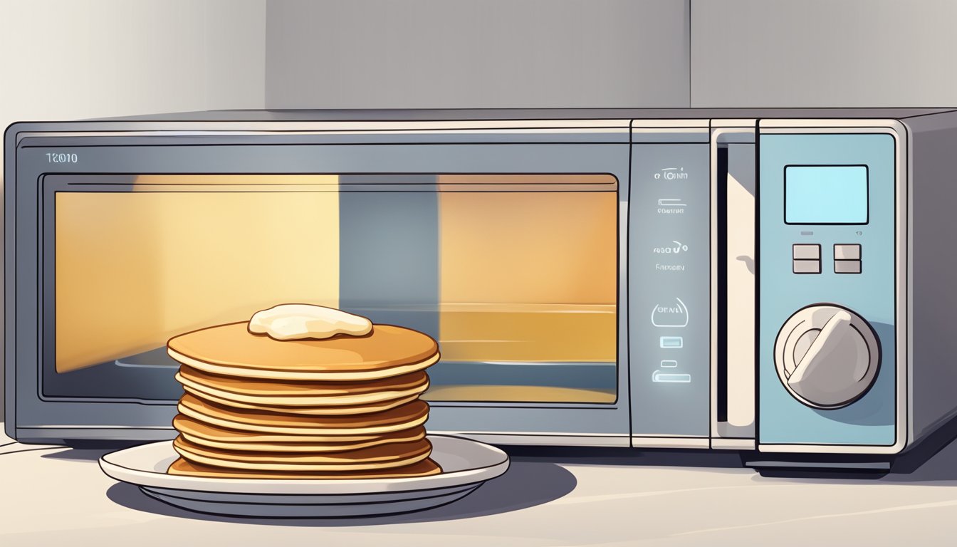 A stack of gluten free pancakes on a plate next to a microwave