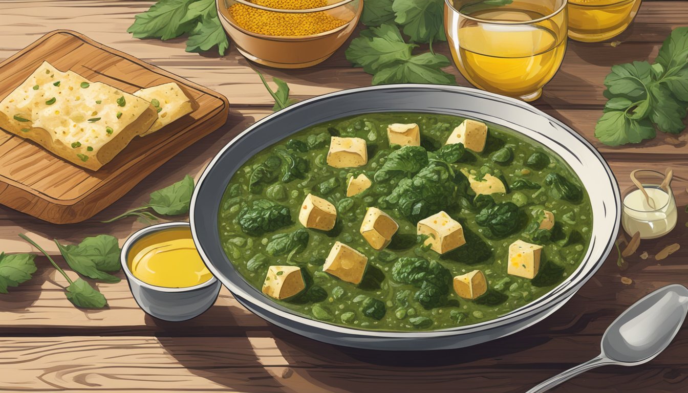 A steaming bowl of gluten-free palak paneer sits on a rustic wooden table, surrounded by vibrant spices and a glass of chilled white wine