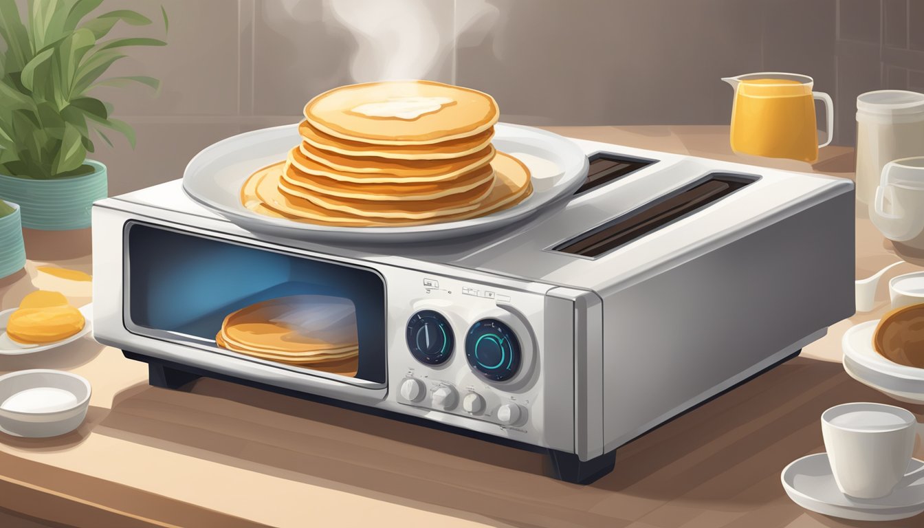 A plate of gluten-free pancakes being heated in a microwave