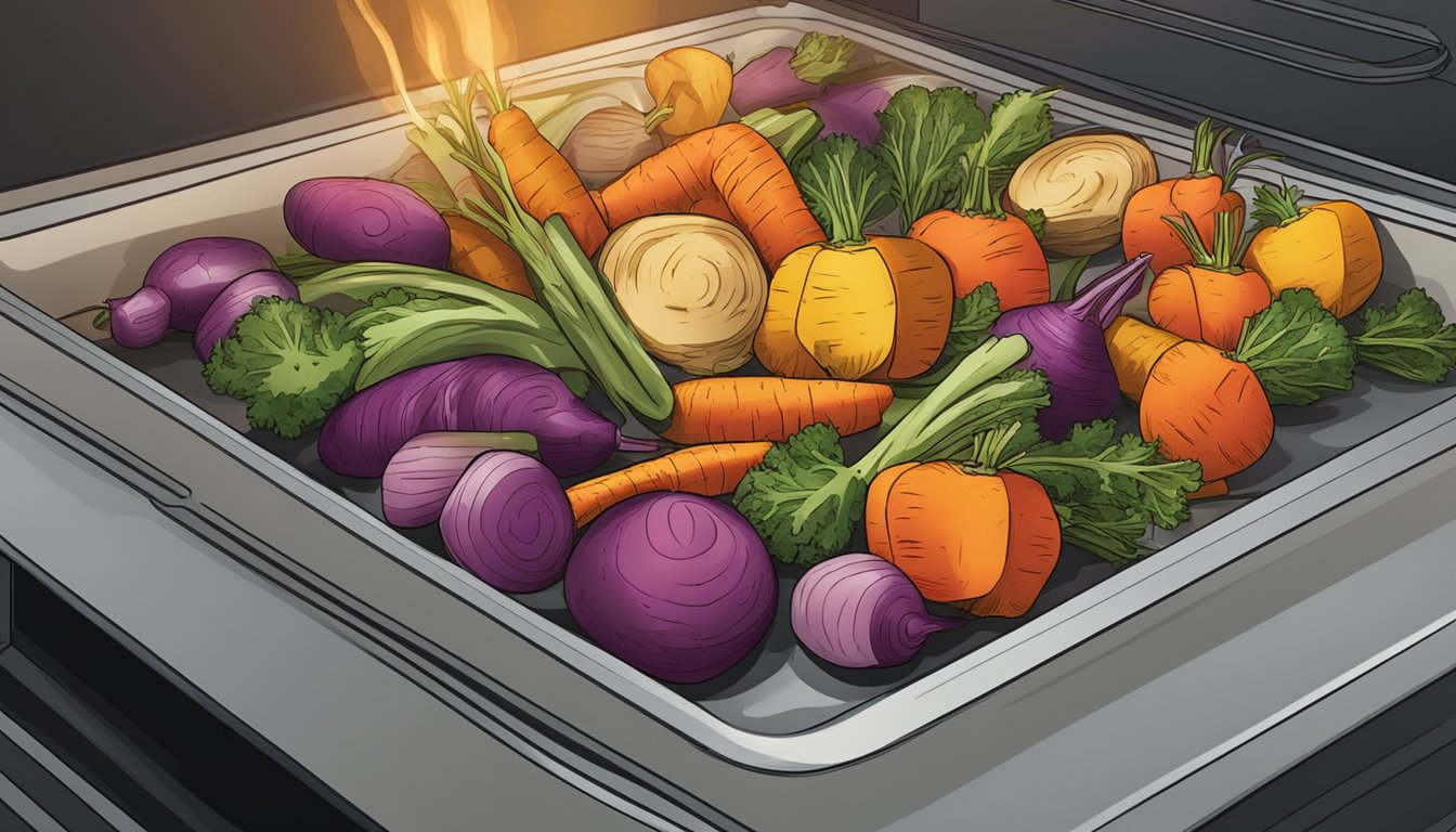 A colorful array of roasted root vegetables arranged on a baking sheet, being gently reheated in the oven