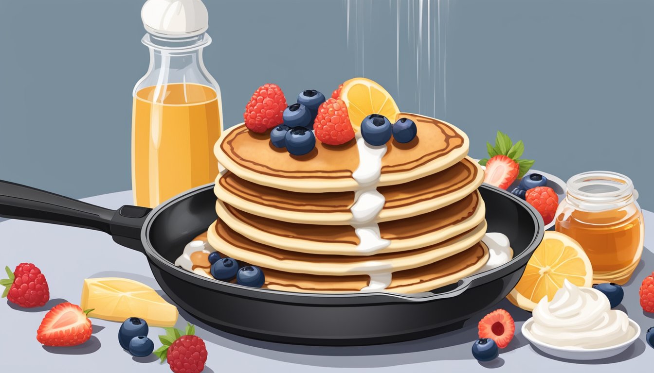 A stack of gluten-free pancakes being reheated on a non-stick skillet, surrounded by fresh berries, a dollop of whipped cream, and a drizzle of maple syrup