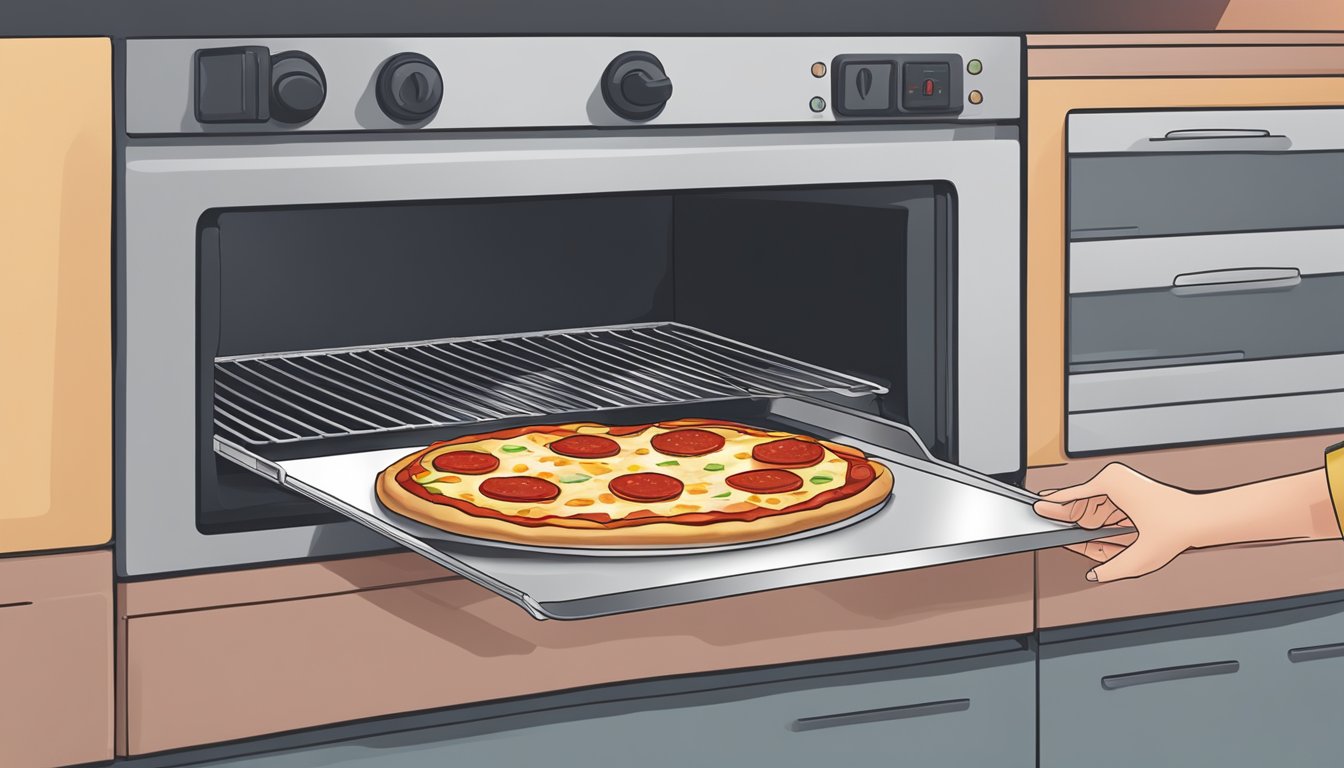 A slice of gluten-free pepperoni pizza being placed on a baking sheet in a preheated oven