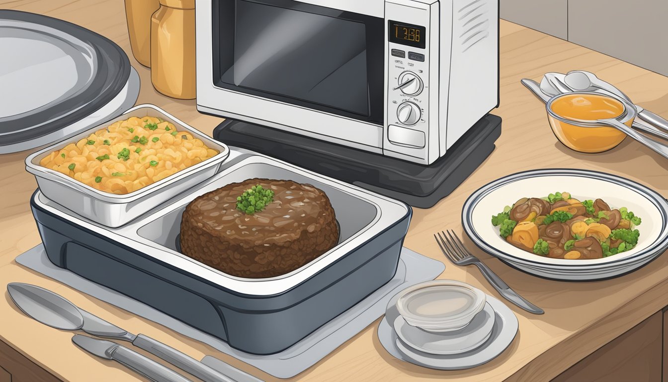 A microwave with a gluten free salisbury steak on a plate covered with a microwave-safe lid, alongside a side dish and utensils