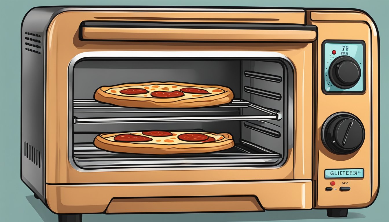 A toaster oven with a slice of gluten free pepperoni pizza inside, heating up to be crispy and delicious