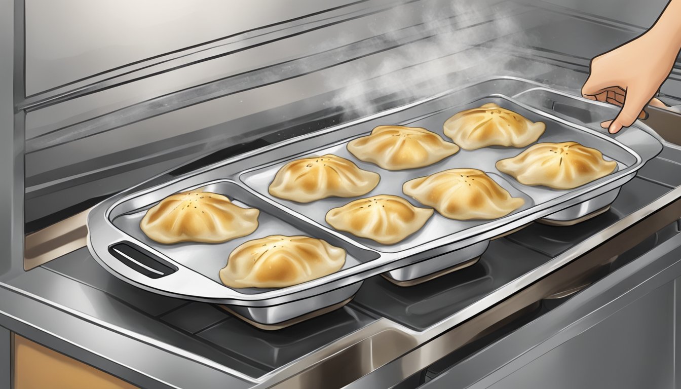 A plate of gluten-free pierogies being placed in a preheated oven, with steam rising from the hot dish