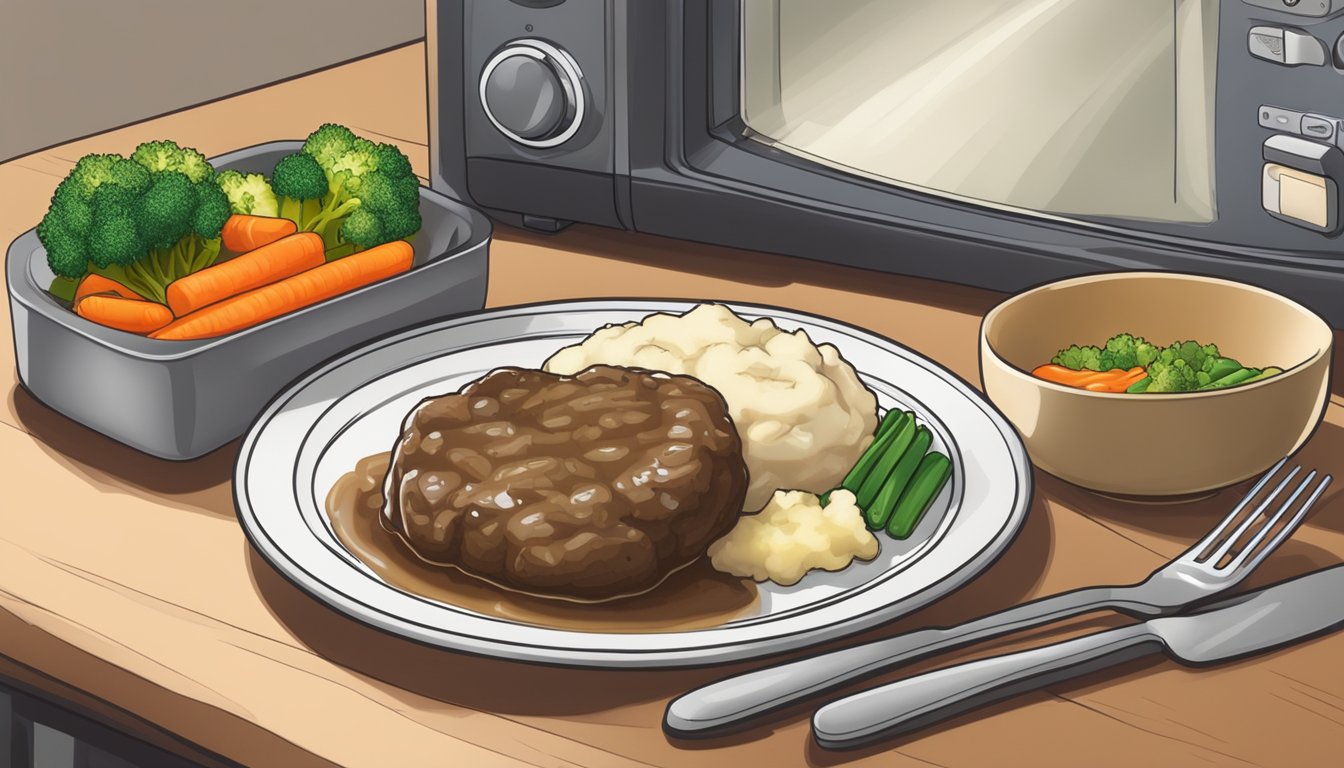 A plate of gluten free salisbury steak with a side of mashed potatoes and steamed vegetables being reheated in the microwave