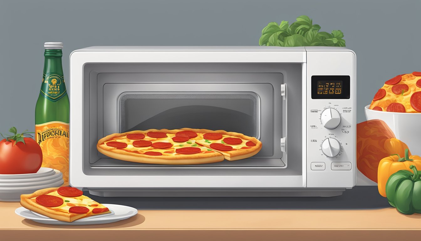 A slice of gluten free pepperoni pizza rotating on a microwave-safe plate inside a microwave