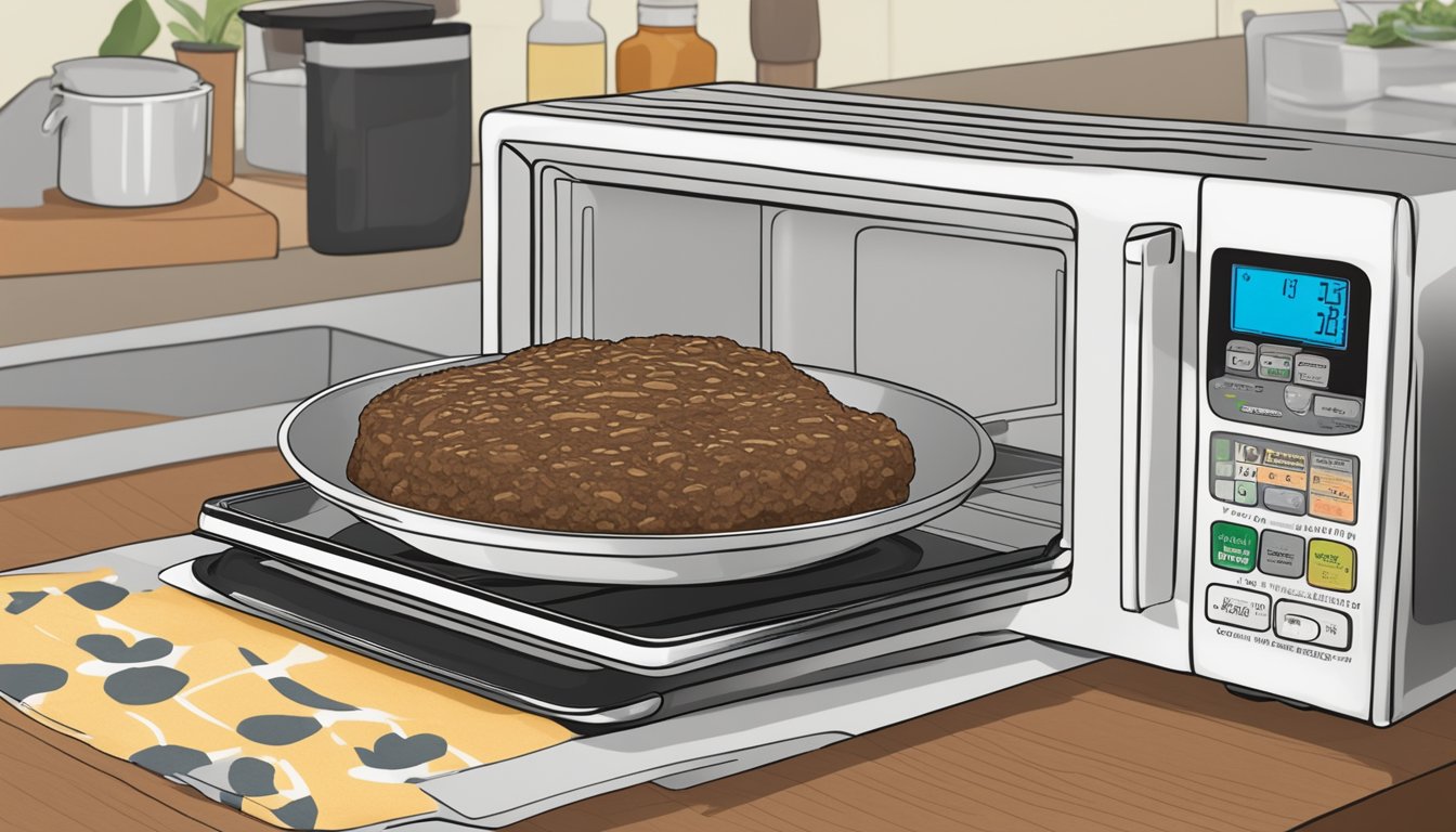 A plate of gluten-free salisbury steak being reheated in a microwave. On the side, ingredients like almond flour and coconut aminos are displayed as potential allergen substitutions