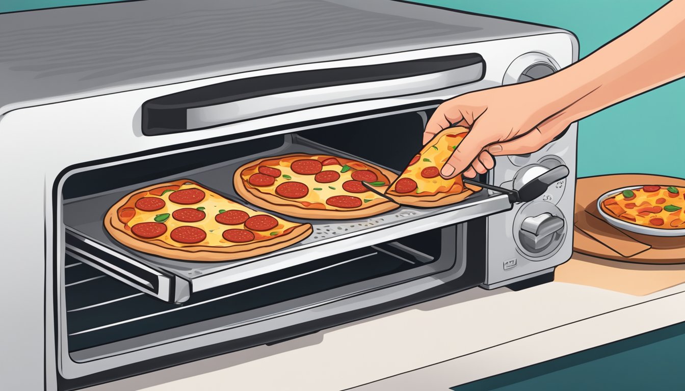 A hand reaching into a toaster oven to remove a slice of gluten-free pepperoni pizza on a baking tray