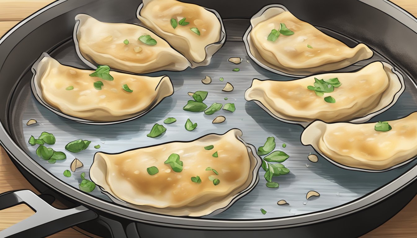 A plate of gluten-free pierogies being reheated in a skillet, steam rising as they sizzle and brown on the bottom