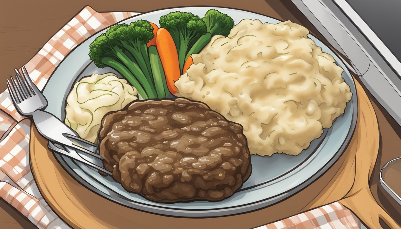 A plate of gluten-free Salisbury steak being reheated in the microwave, surrounded by steamed vegetables and a side of mashed potatoes