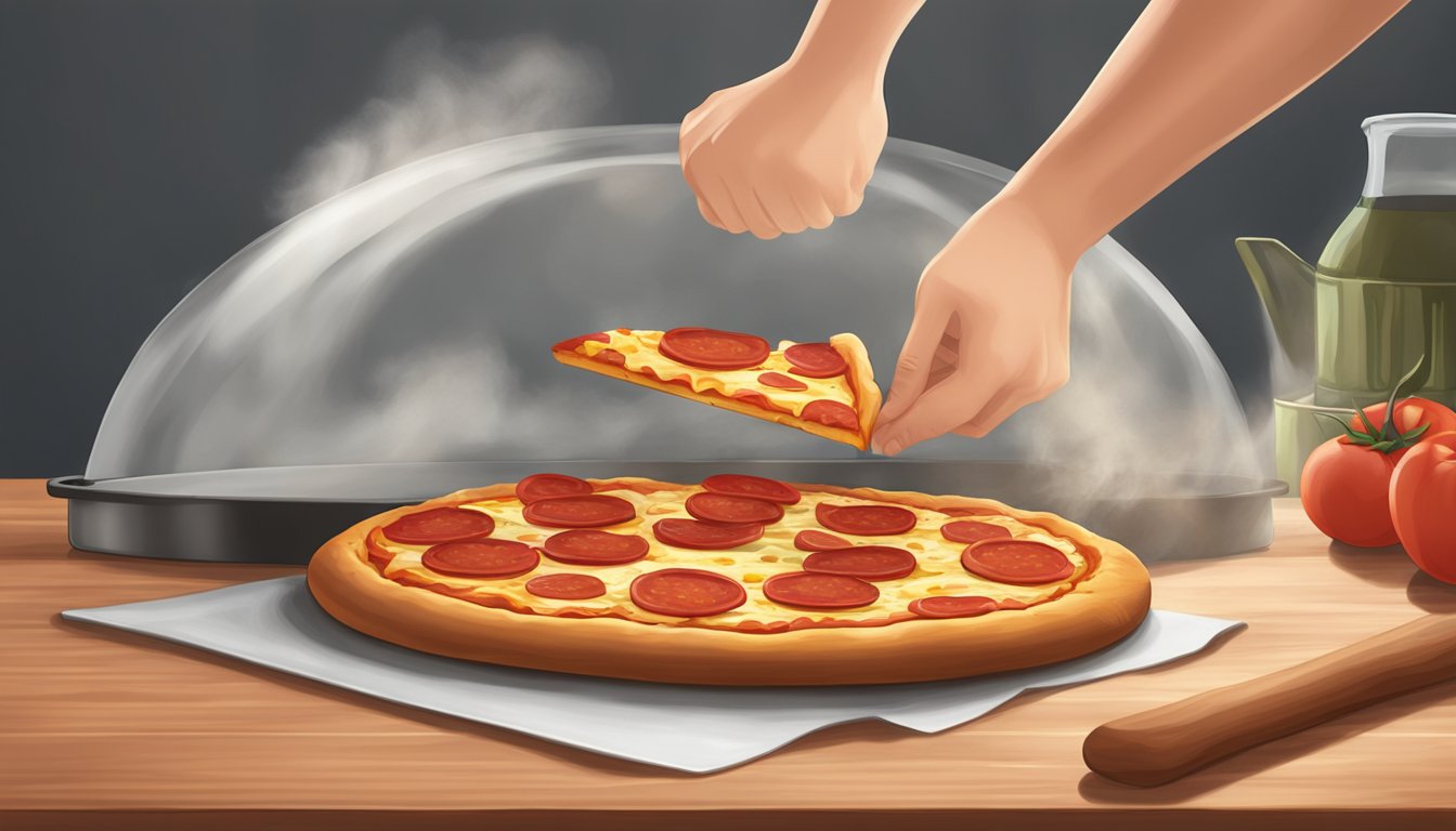 A steaming gluten free pepperoni pizza being taken out of the oven and placed on a wooden cutting board for serving