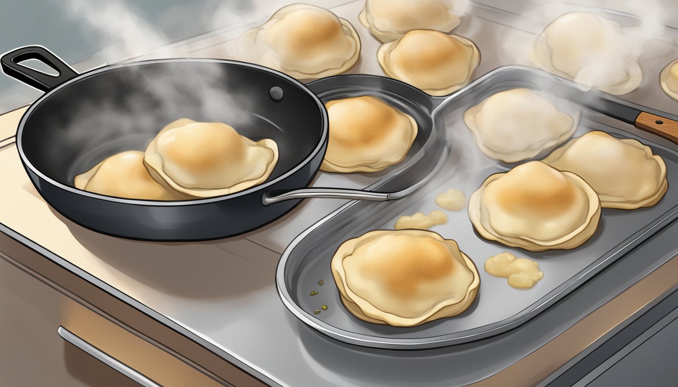 A plate of gluten-free pierogies being heated in a skillet, steam rising as they sizzle, with a spatula ready to serve