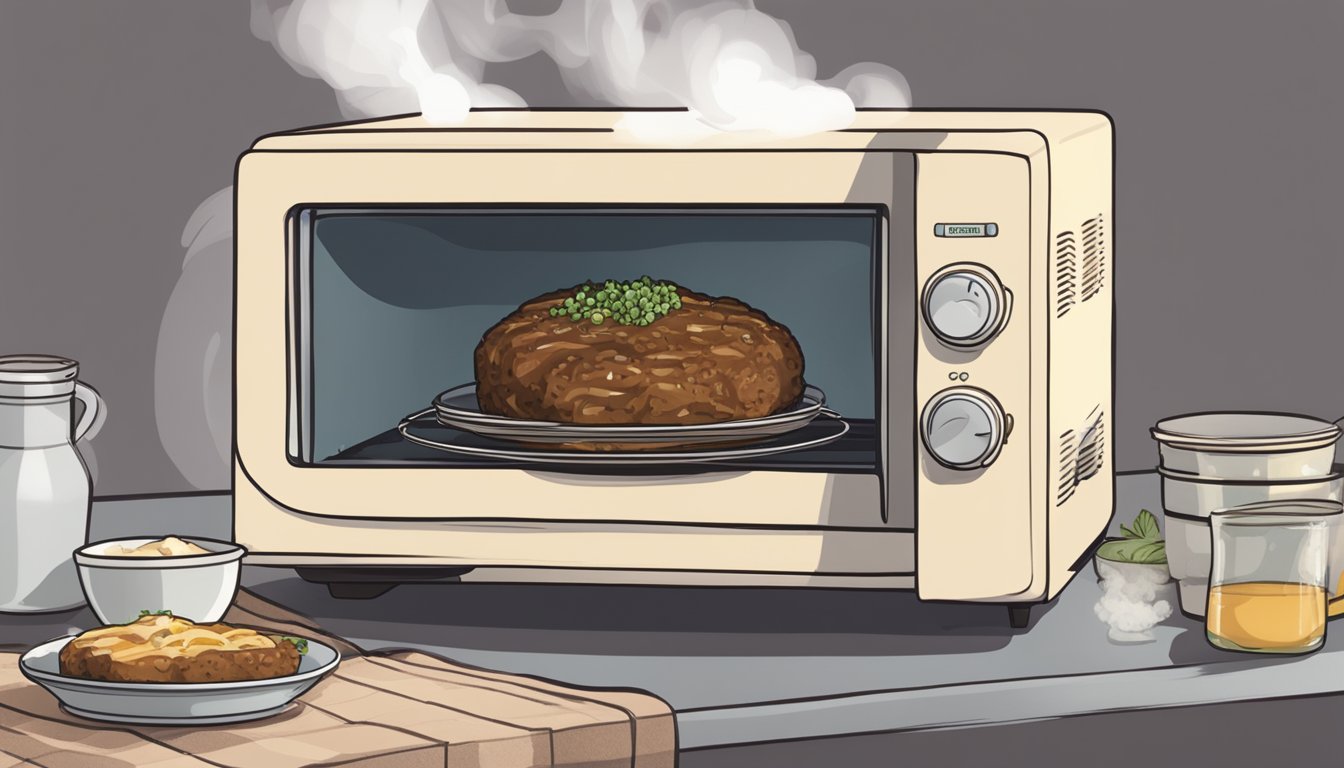 A microwave with a plate of gluten-free salisbury steak inside, with steam rising from the food as it reheats