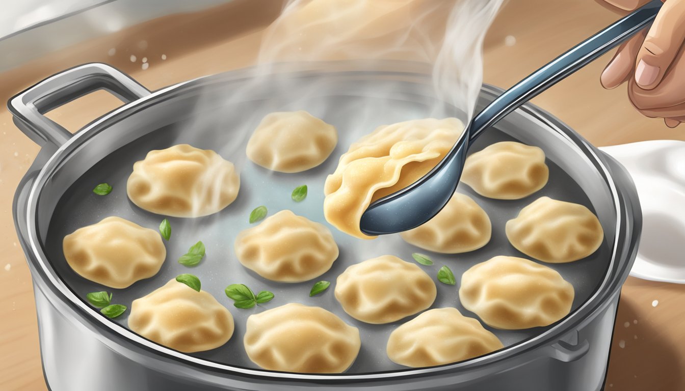 A steaming pot of water with gluten-free pierogies being carefully lifted out with a slotted spoon, ready to be reheated for perfect texture and taste