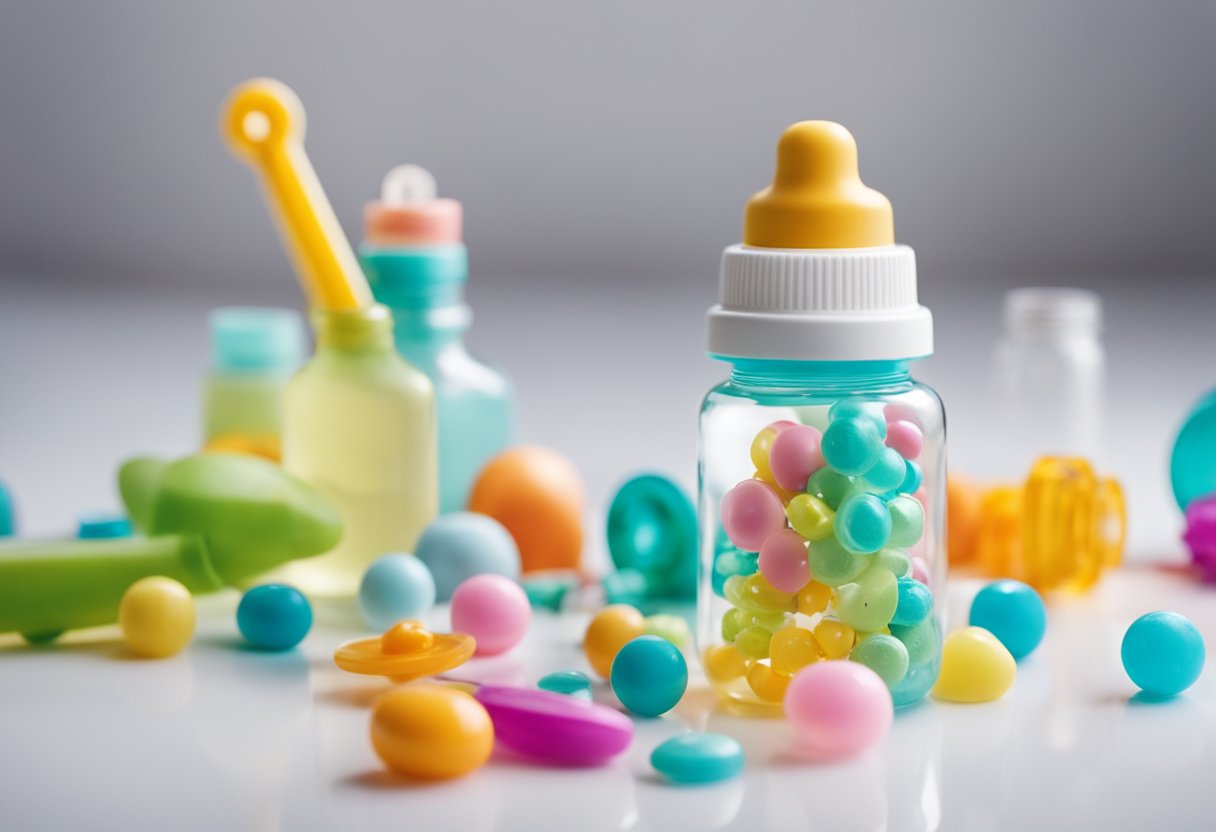 A baby bottle with a dropper filled with probiotics, surrounded by colorful toys and a pacifier on a clean, white surface