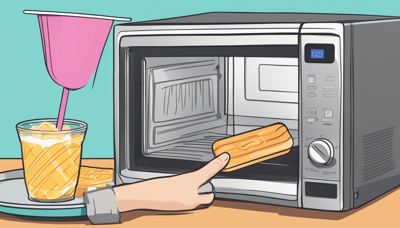 A hand reaching for a gluten-free popsicle in a colorful wrapper, placed on a plate next to a microwave