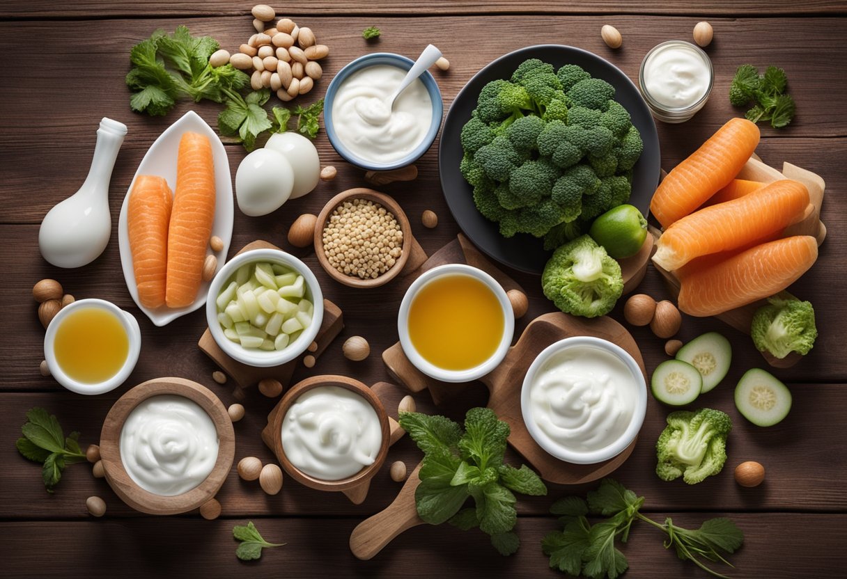 A variety of natural sources of probiotics, such as yogurt, kefir, and fermented vegetables, displayed on a wooden table