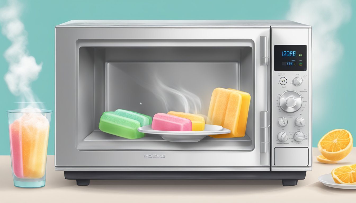 A microwave with a plate of gluten-free popsicles inside, steam rising as they heat up