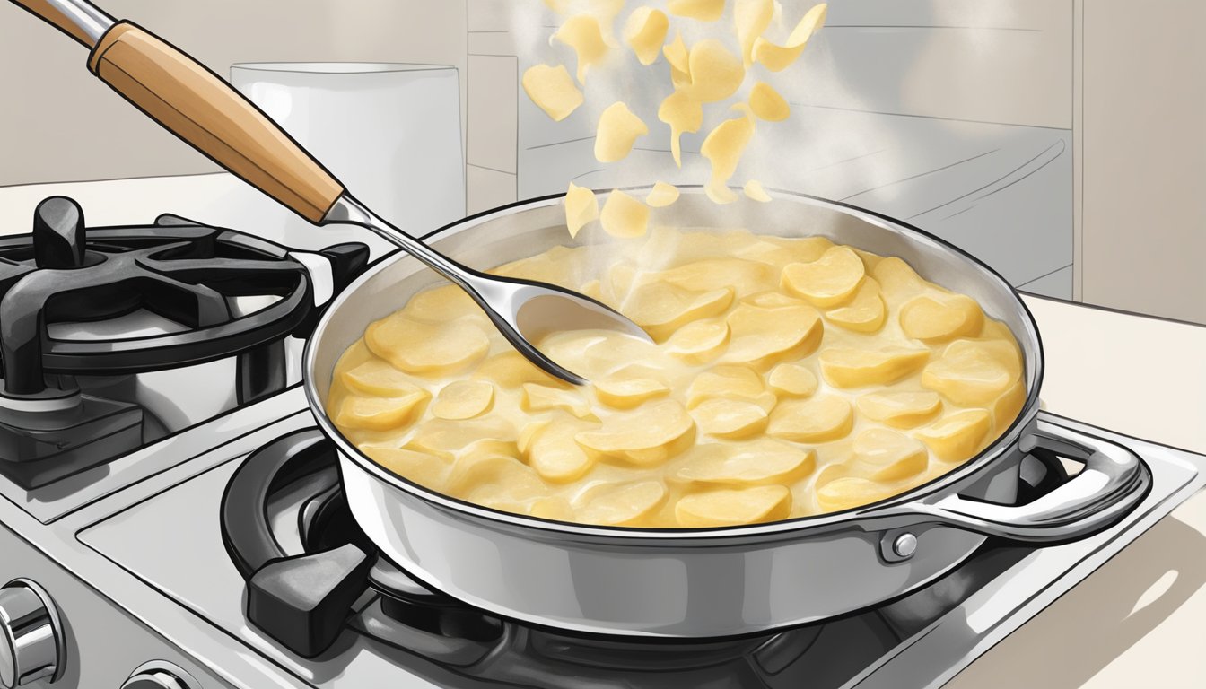 A pot of gluten-free scalloped potatoes being heated on a stovetop, with a creamy sauce being stirred in