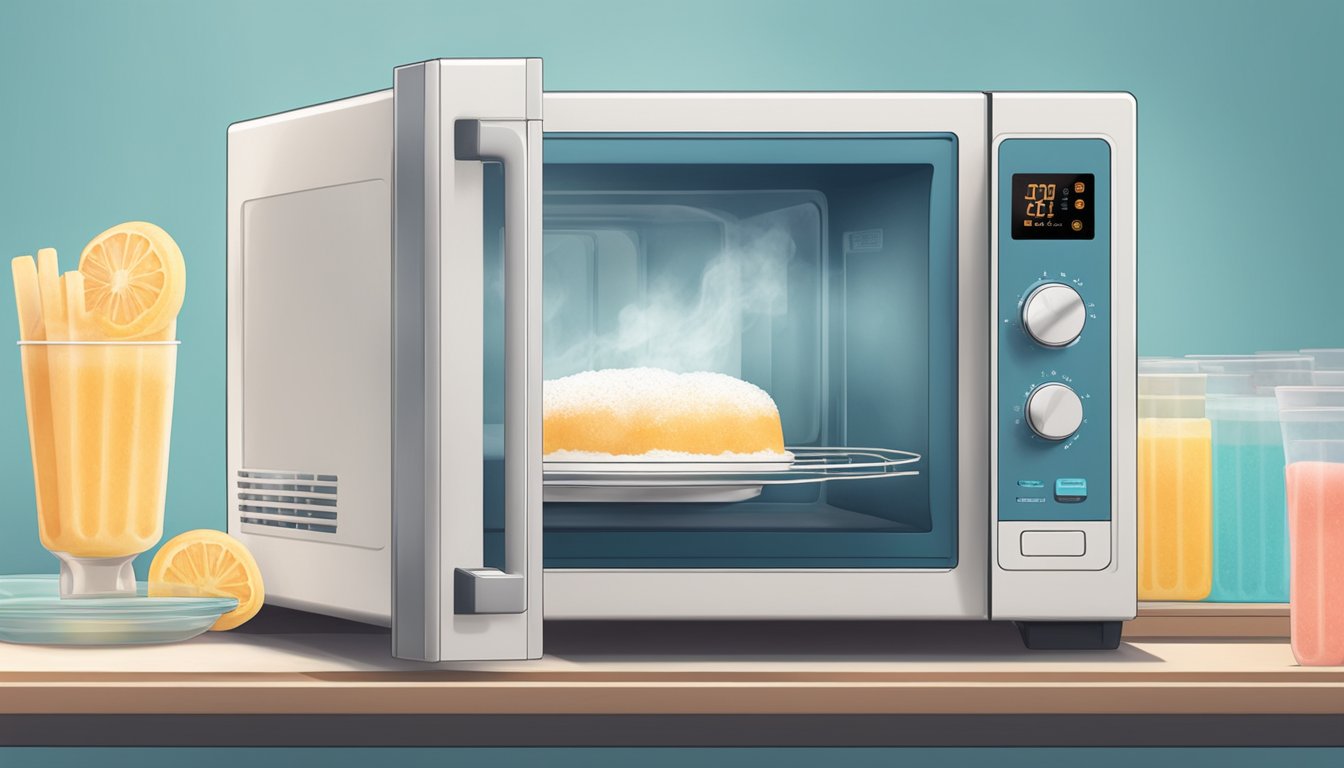 A microwave with a plate of gluten free popsicles inside, steam rising as they heat up