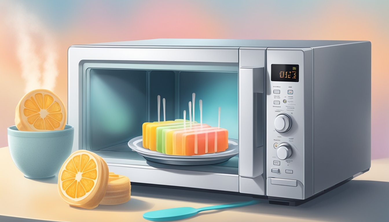 A microwave with a plate of gluten-free popsicles inside, steam rising as they heat up