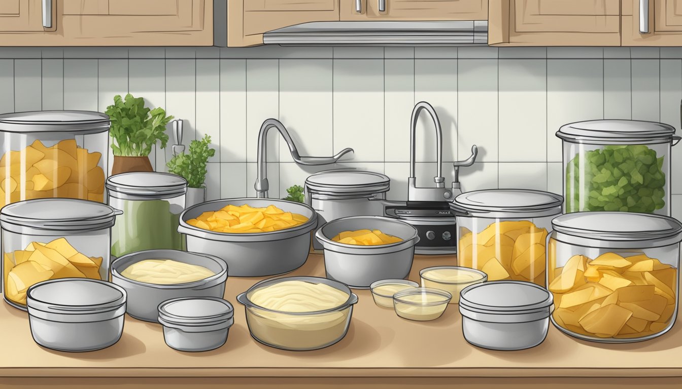 A kitchen counter with neatly arranged ingredients for gluten free scalloped potatoes, along with labeled containers for proper storage and reheating instructions