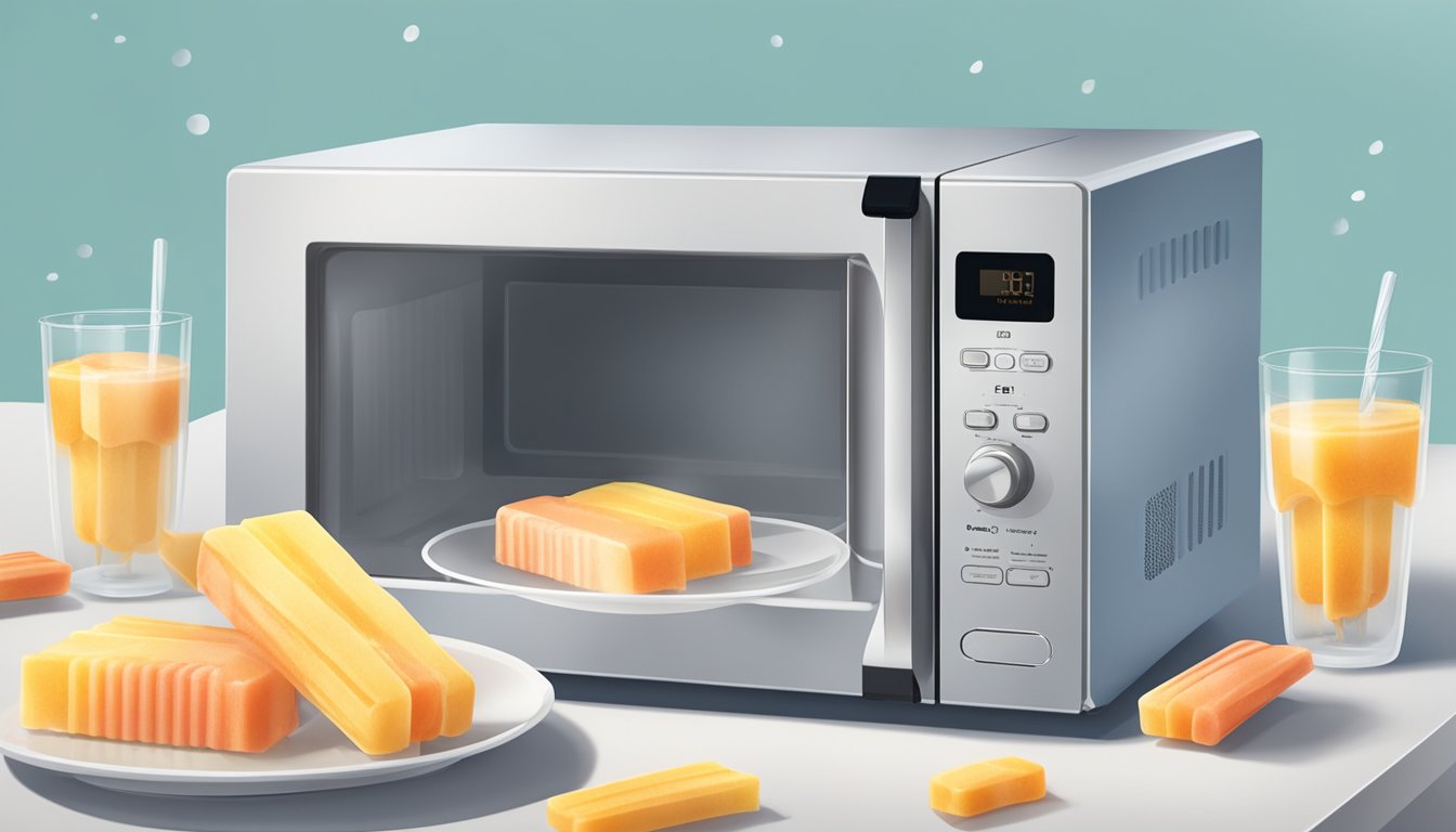 A microwave with a plate of gluten-free popsicles inside, steam rising as they heat up