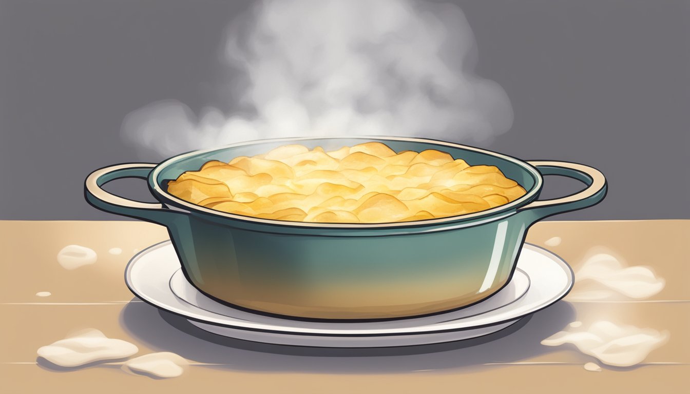 A plate of gluten free scalloped potatoes being reheated in the microwave, with steam rising from the creamy, golden brown dish