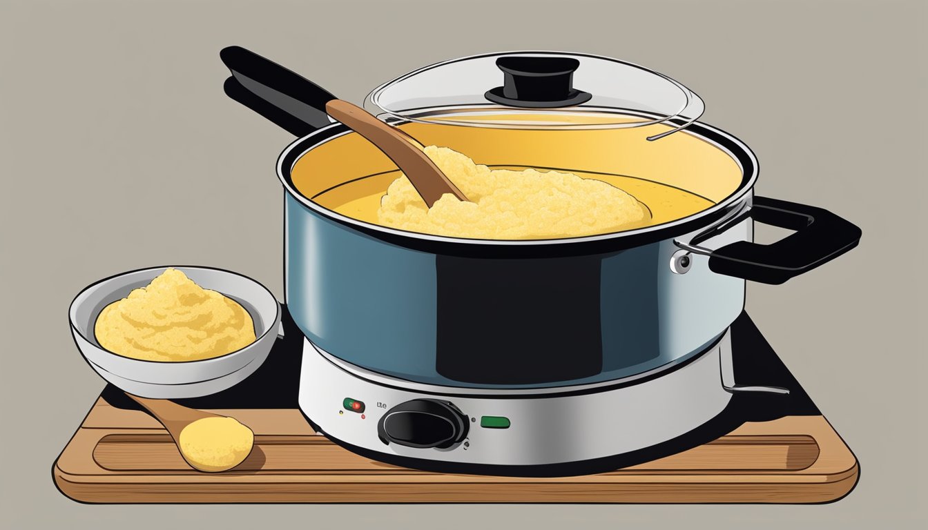 A pot of creamy polenta being gently reheated on a stovetop, with a wooden spoon stirring the mixture to ensure even warming