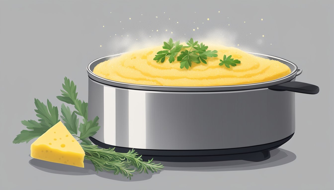 A steaming bowl of gluten-free polenta being reheated in a microwave, with a pat of butter melting on top and a sprinkle of fresh herbs