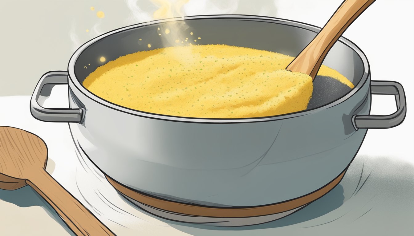 A steaming bowl of gluten-free polenta being gently stirred with a wooden spoon, releasing a savory aroma